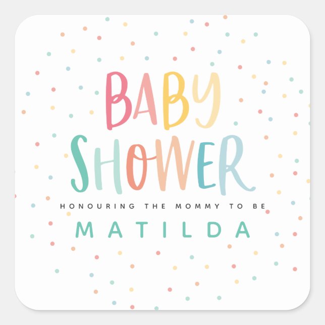 Colourful rainbow baby shower party square sticker (Front)