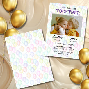 Colourful Rainbow Balloon Twin Photo Birthday  Invitation