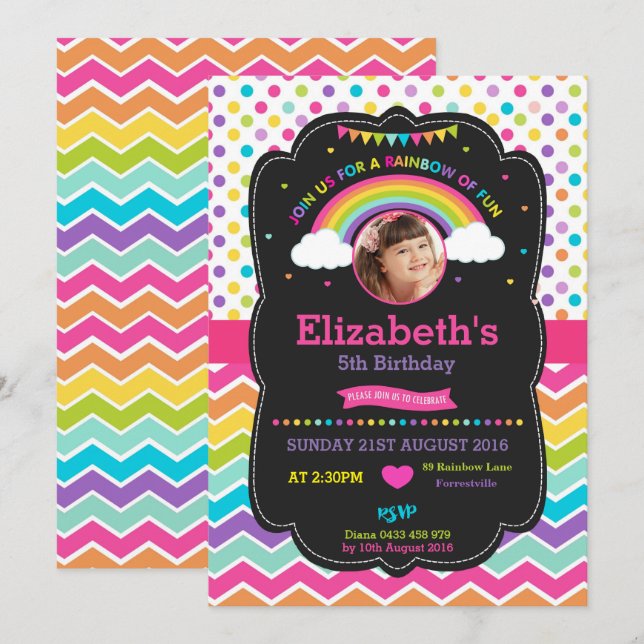 Colourful Rainbow Birthday Party Girl Photo Invitation (Front/Back)