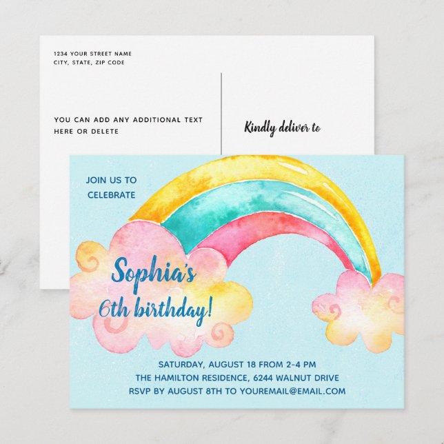 Colourful Rainbow Birthday Party Invitation Postcard (Front/Back)