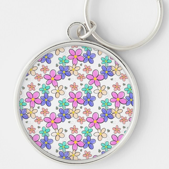 colourful rainbow bright flowers bumble bees flora key ring (Front)