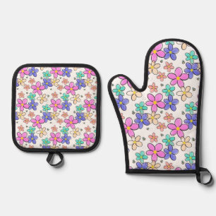 colourful rainbow bright flowers bumble bees flora oven mitt & pot holder set