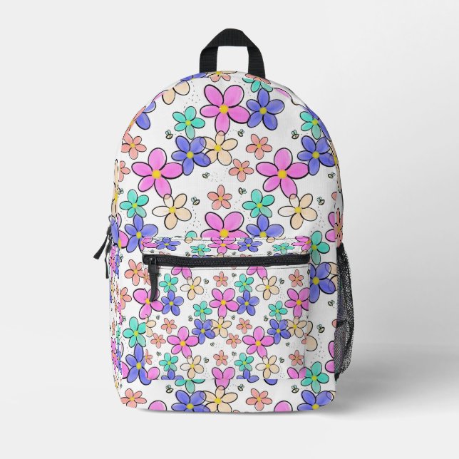 colourful rainbow bright flowers bumble bees flora printed backpack (Front)