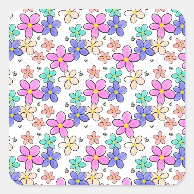 colourful rainbow bright flowers bumble bees flora square sticker (Front)
