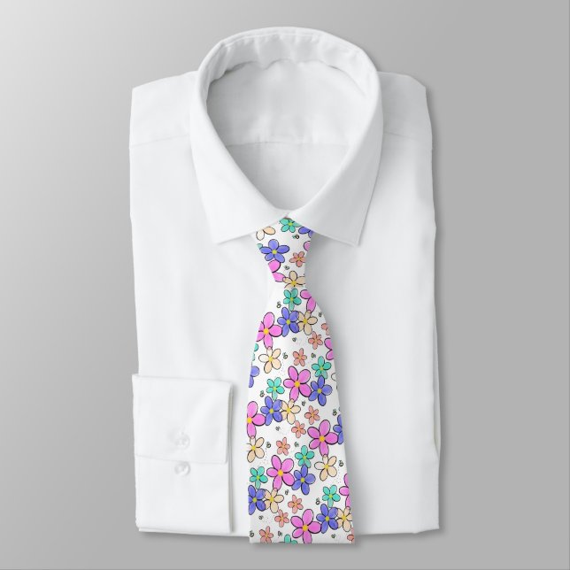 colourful rainbow bright flowers bumble bees flora tie (Tied)