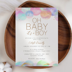 Colourful Rainbow Bubbles White Oh Baby Boy Shower Invitation