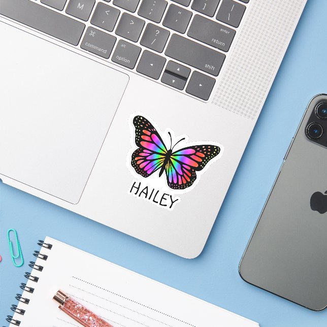 Colourful Rainbow Butterfly and Name Personalised (Laptop w/ iPhone)