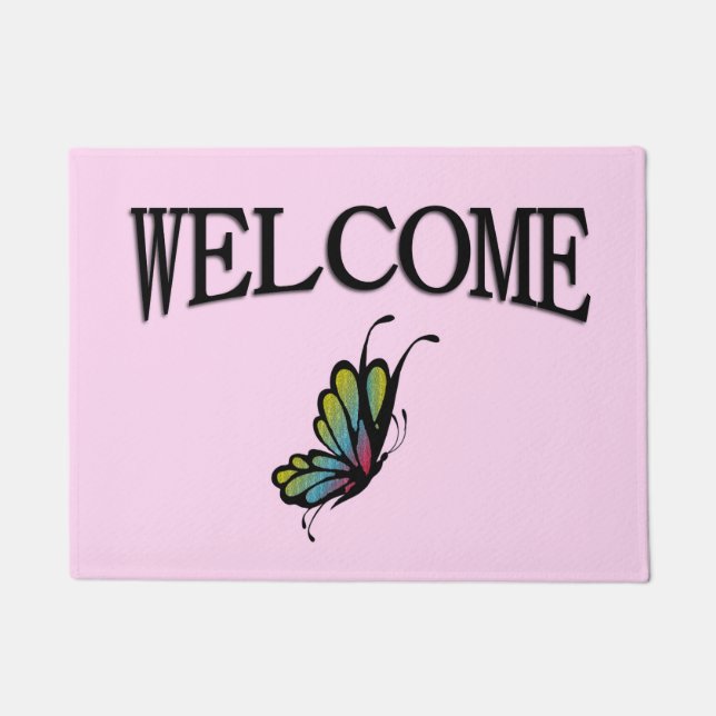 Colourful Rainbow Butterfly Pink Doormat (Front)