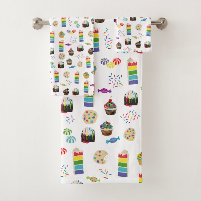 Colourful Rainbow Cake Desserts & Sprinkles Patter Bath Towel Set (Insitu)