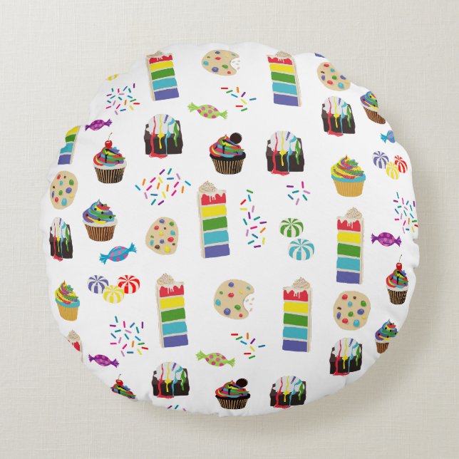 Colourful Rainbow Cake Desserts & Sprinkles Patter Round Cushion (Front)