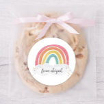 Colourful Rainbow Calligraphy Kids Birthday Classic Round Sticker<br><div class="desc">Colourful Rainbow Calligraphy Kids Birthday Classic Round Sticker features a hand drawn rainbow in shades of pink,  orange,  yellow and turquoise and a trendy calligraphy name. The back is blank for your hand written message.</div>