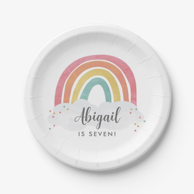 Colourful Rainbow Calligraphy Kids Birthday Paper Plate (Front)