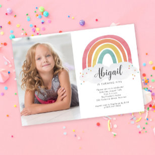 Colourful Rainbow Calligraphy Photo Kids Birthday  Invitation