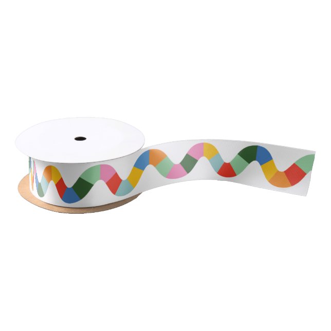 Colourful Rainbow Check Wavy Line and White Satin Ribbon (Spool)