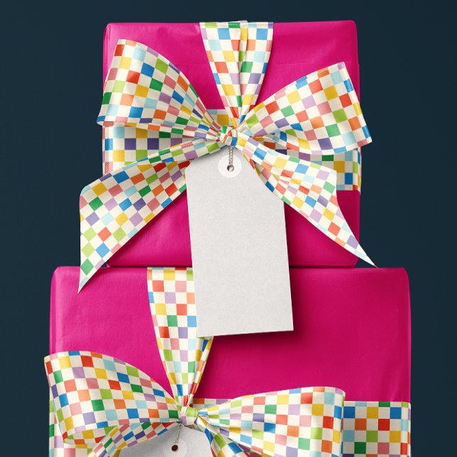 Colourful Rainbow Chequerboard Pattern Satin Ribbon (checkerboard patterned ribbon in cream and a rainbow of colors)