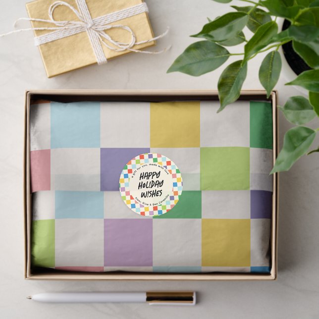 Colourful Rainbow Chequerboard Pattern Tissue Paper (colorful checkerboard tissue paper with matching custom gift sticker)