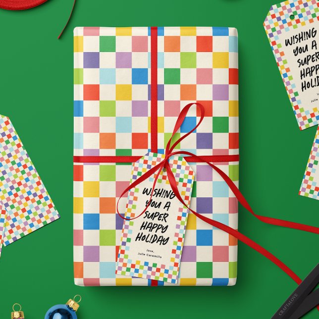 Colourful Rainbow Chequerboard Pattern Wrapping Paper (small scale colorful rainbow checkerboard patterned gift wrapping paper roll)