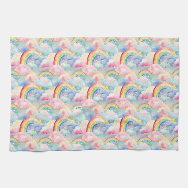 Colourful Rainbow, Cloud, and Star Tea Towel (Horizontal)