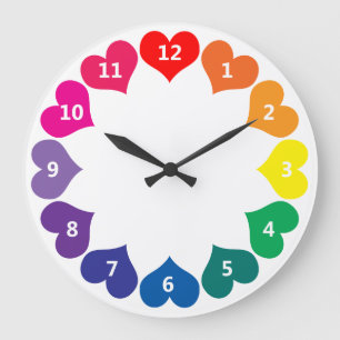 Colourful Rainbow Colour Hearts on White Large Clock
