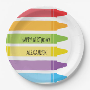 Colourful Rainbow Coloured Crayons Birthday Party Paper Plate