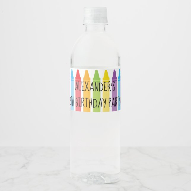 Colourful Rainbow Coloured Crayons Birthday Party Water Bottle Label (Front)