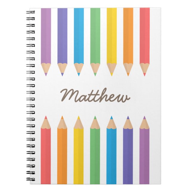 Colourful Rainbow Colouring Pencils Kids Name Notebook (Front)