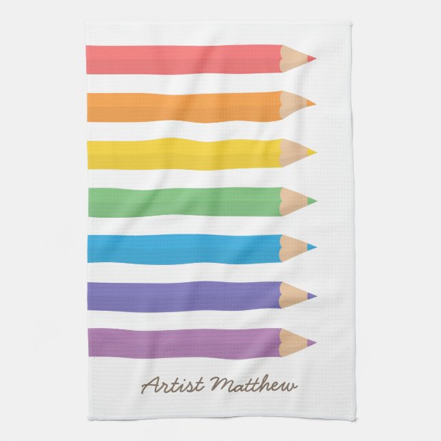 Colourful Rainbow Colouring Pencils School Kids Tea Towel (Vertical)
