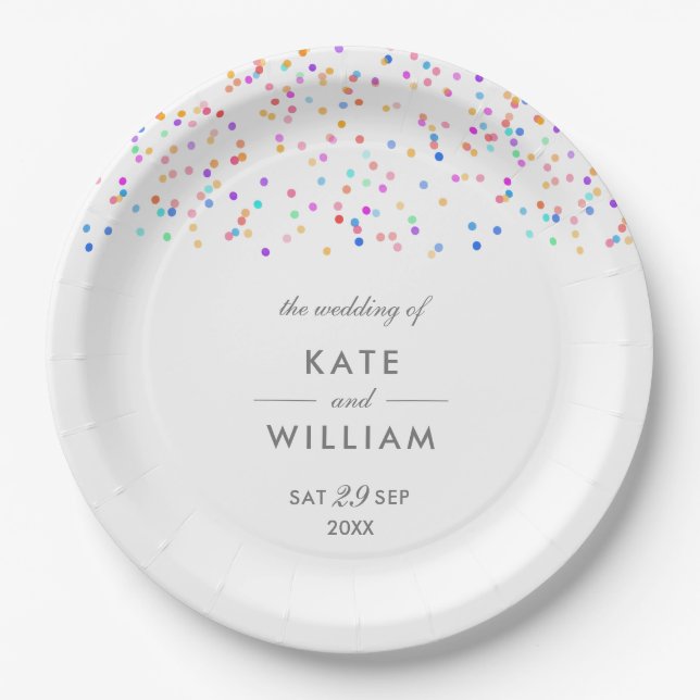 Colourful Rainbow Confetti Wedding Paper Plate (Front)
