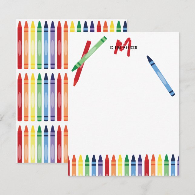 Colourful Rainbow Crayons Cute Monogram Kids Card (Front/Back)