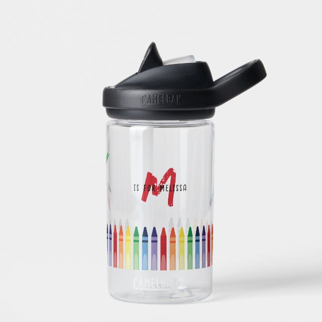 Colourful Rainbow Crayons Cute Monogram School Water Bottle (Left)