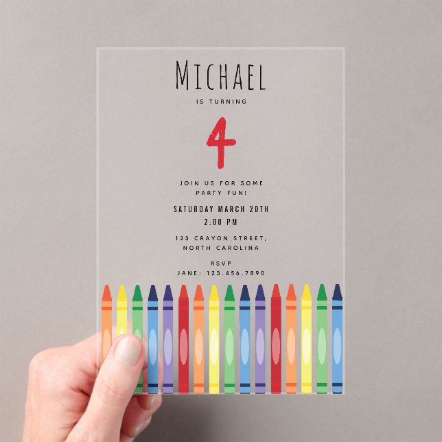 Colourful Rainbow Crayons Kids Birthday Party Acrylic Invitations (Insitu (Handheld))