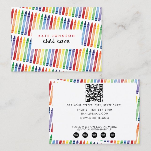 Colourful Rainbow Crayons Kids Teacher Childcare Business Card (Front/Back)
