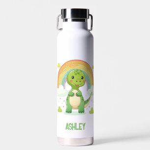 Colourful Rainbow Dino With Kids Name Water Bottle