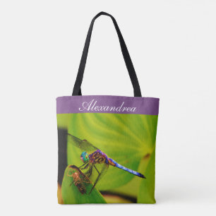 Colourful rainbow Dragonfly w/ Name Tote Bag