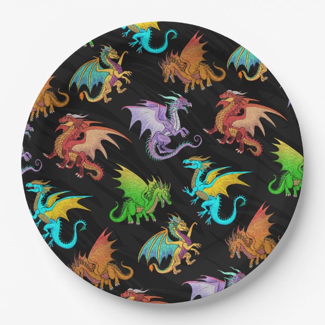 Colourful Rainbow Dragons School Paper Plate (Front)