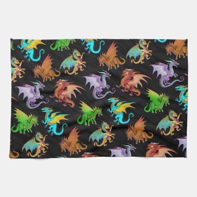 Colourful Rainbow Dragons School Tea Towel (Horizontal)