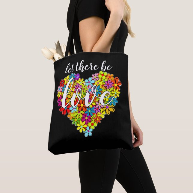 Colourful Rainbow Flag Colours Floral Heart Patter Tote Bag (Close Up)