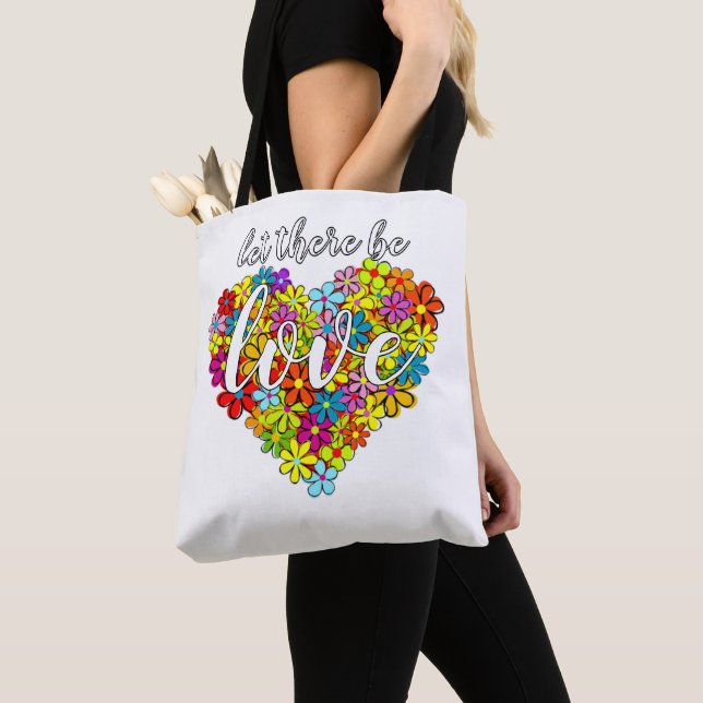 Colourful Rainbow Flag Colours Floral Heart Patter Tote Bag (Close Up)
