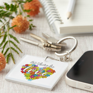 Colourful Rainbow Flag Colours Foral Heart Pattern Key Ring