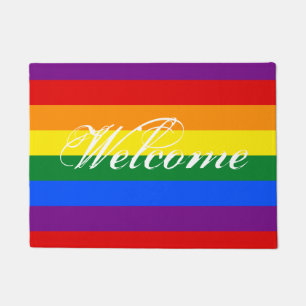 Colourful rainbow flag door mat with welcome text