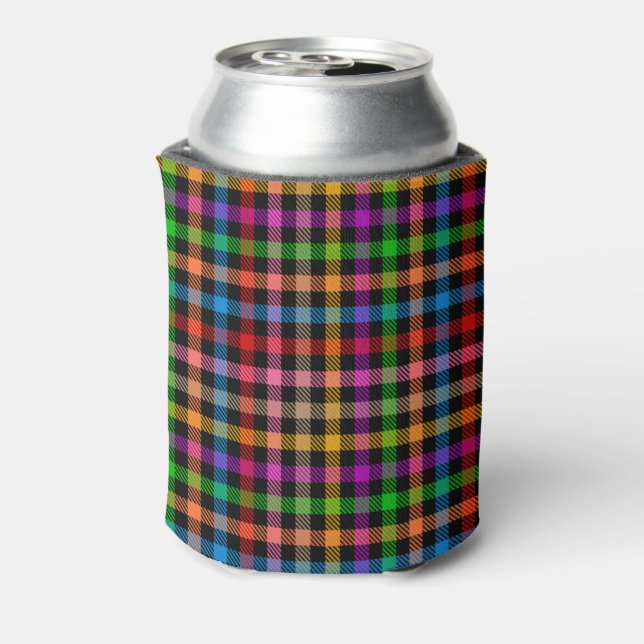 Colourful Rainbow Gingham Plaid Design - Black  Can Cooler (Can Back)