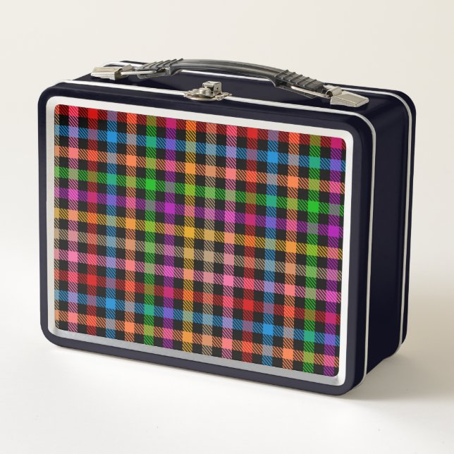 Colourful Rainbow Gingham Plaid Design - Black  Metal Lunch Box (Front)