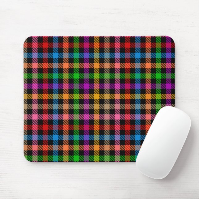 Colourful Rainbow Gingham Plaid Design - Black  Mouse Mat (With Mouse)