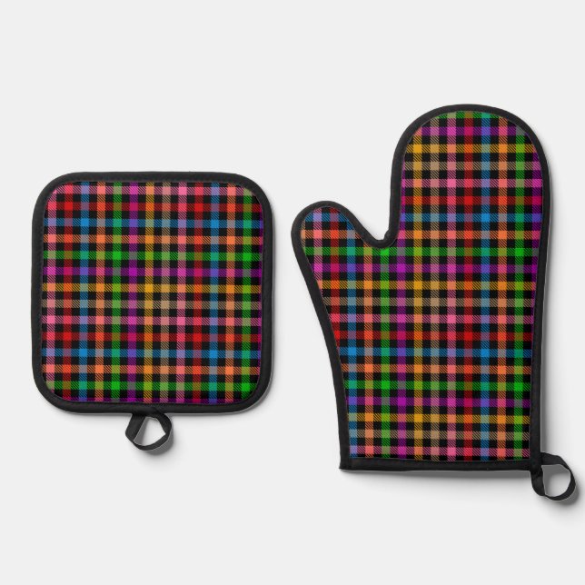 Colourful Rainbow Gingham Plaid Design - Black  Oven Mitt & Pot Holder Set (Front)