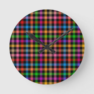 Colourful Rainbow Gingham Plaid Design - Black Round Clock