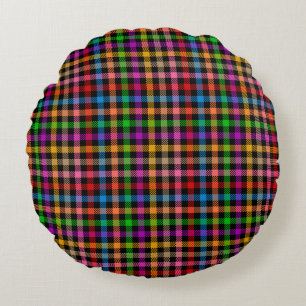 Colourful Rainbow Gingham Plaid Design - Black Round Cushion