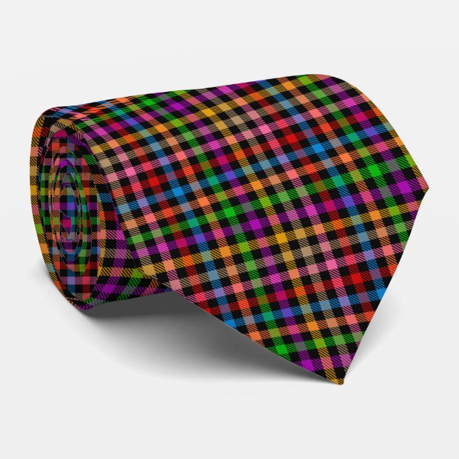 Colourful Rainbow Gingham Plaid Design - Black  Tie (Rolled)