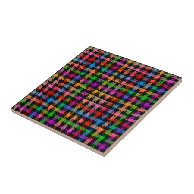 Colourful Rainbow Gingham Plaid Design - Black  Tile (Side)