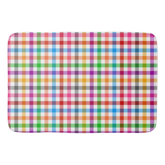 Colourful Rainbow Gingham Plaid Design - White  Bath Mat (Front)