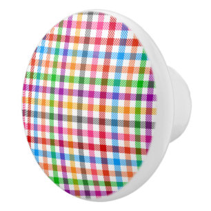 Colourful Rainbow Gingham Plaid Design - White Ceramic Knob